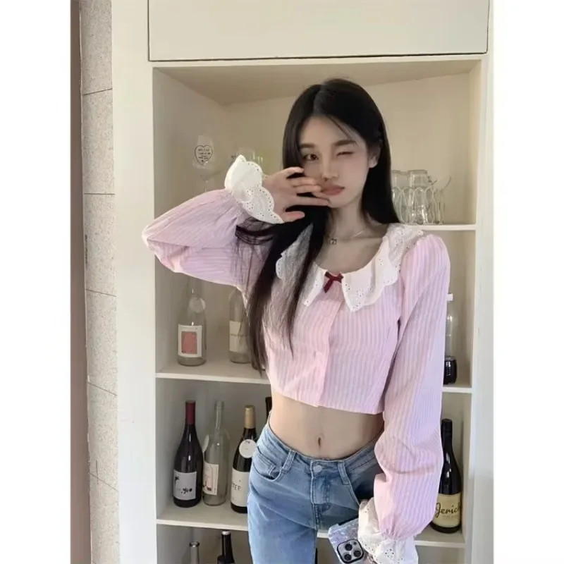 

Sweet Peter Pan Collar Lace Blusas Mujer Summer Sexy Crop Top Shirts Women 2025 New Long Sleeve Cardigan Blouses