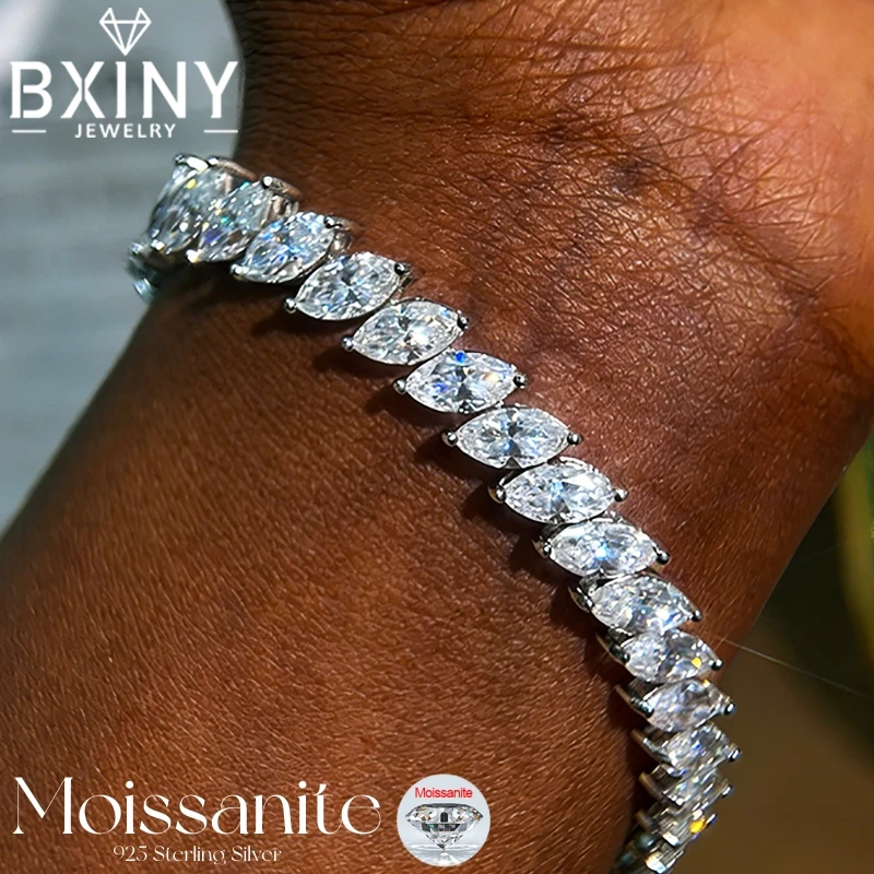 

Теннисные браслеты BXINY с муассанитом огранки «маркиз», 100% серебро S925, для женщин, сертифицированные, с имитацией бриллиантов, роскошные подарки, ювелирные изделия высокого качества