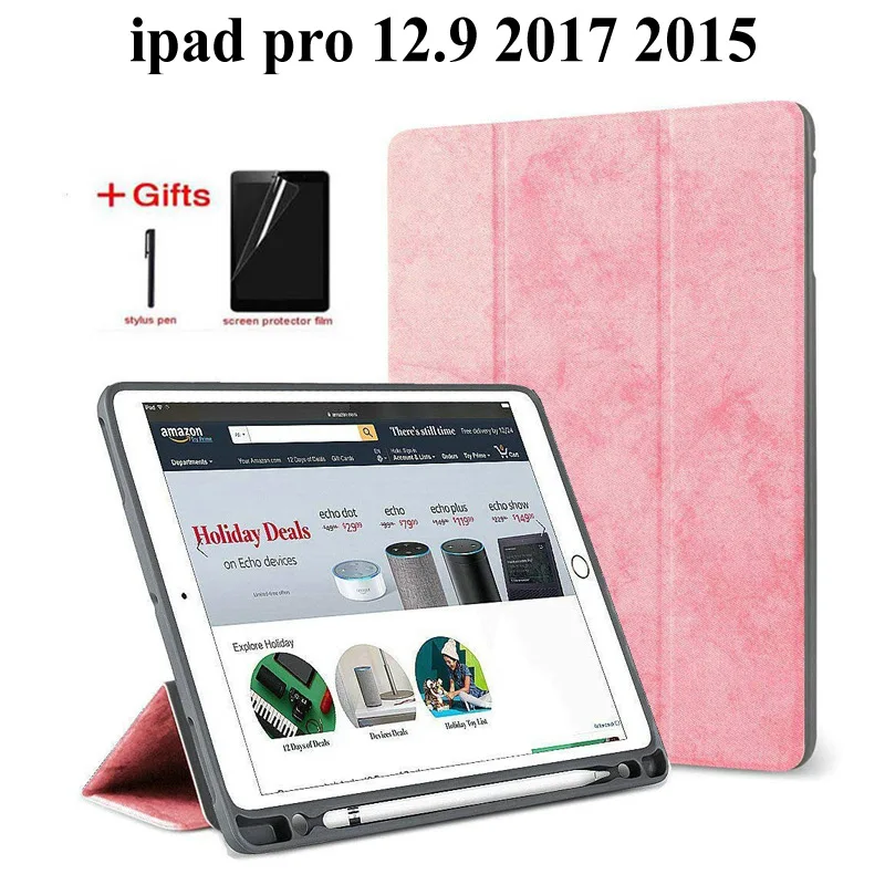 

Slim Smart Protective Case For iPad Pro 12.9 2017/2015 Funda with Pencil Holder Cover for iPad Pro 12.9 tablet case+Film+Pen