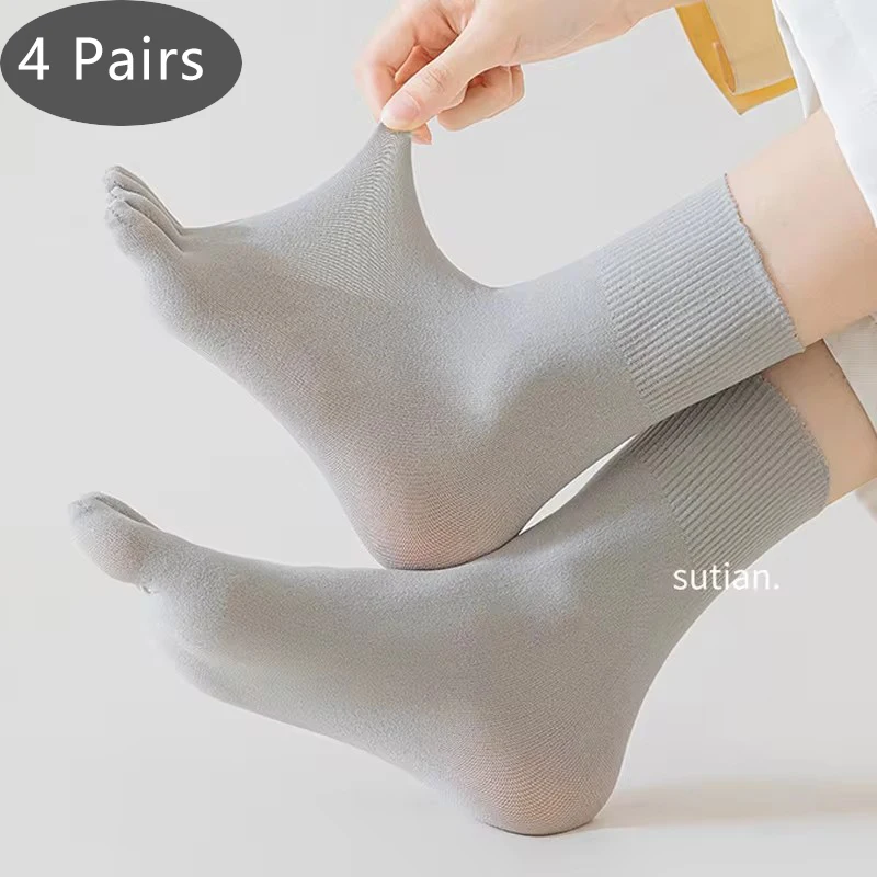 4 Pairs Women Thin Toe Silk Short Socks Summer Nylon Solid Loose Sweat-Absorbing Quick-Drying Breathable soft 5 Finger Socks