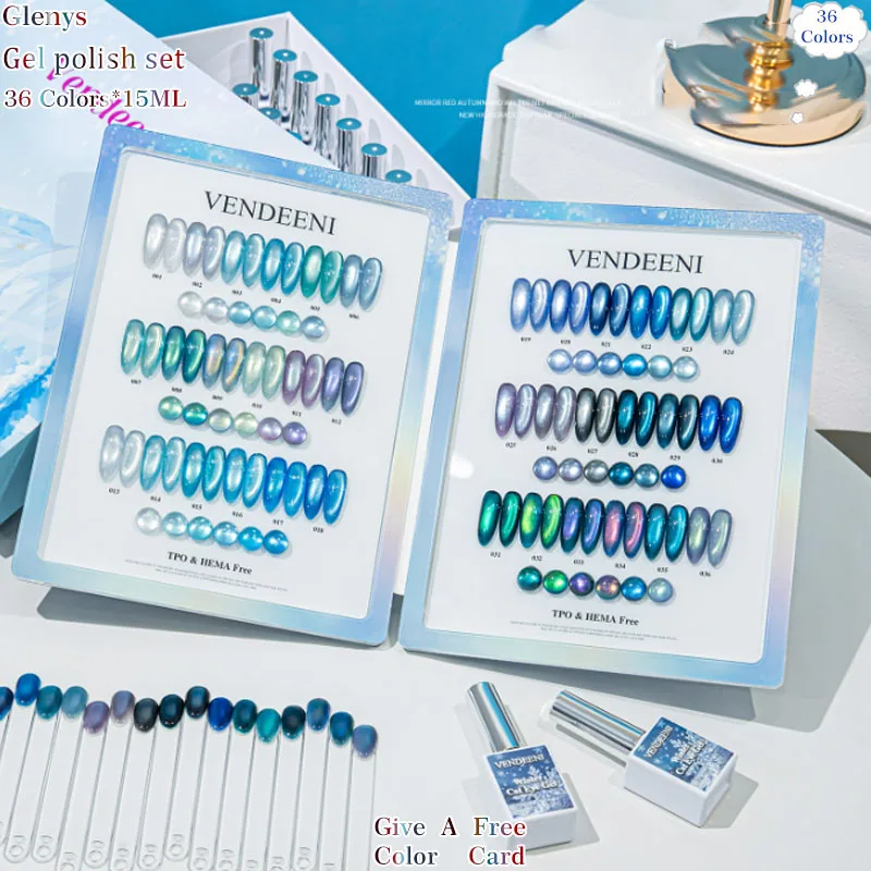Set de esmalte de uñas gel serie ojo de gato Glenys de 36 colores, color popular neto rojo, gel de remojo, tarjeta de combinación de colores, juego de barniz UV LED 4