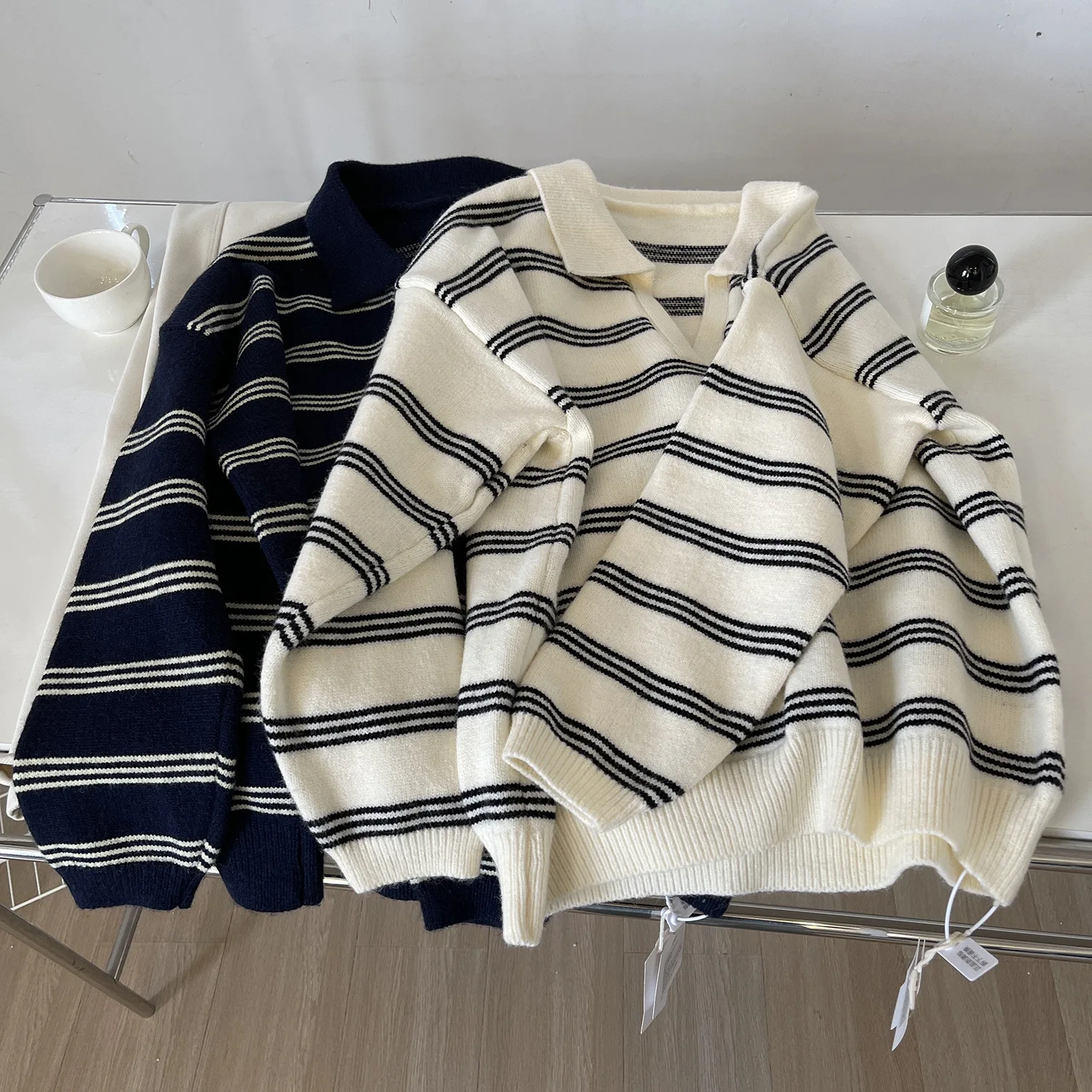 

Simple Lapel Women's Striped Sweater Korean Style Autumn Vintage Long Sleeve Loose Versatile Pullovers Loose Knitwear Trendy