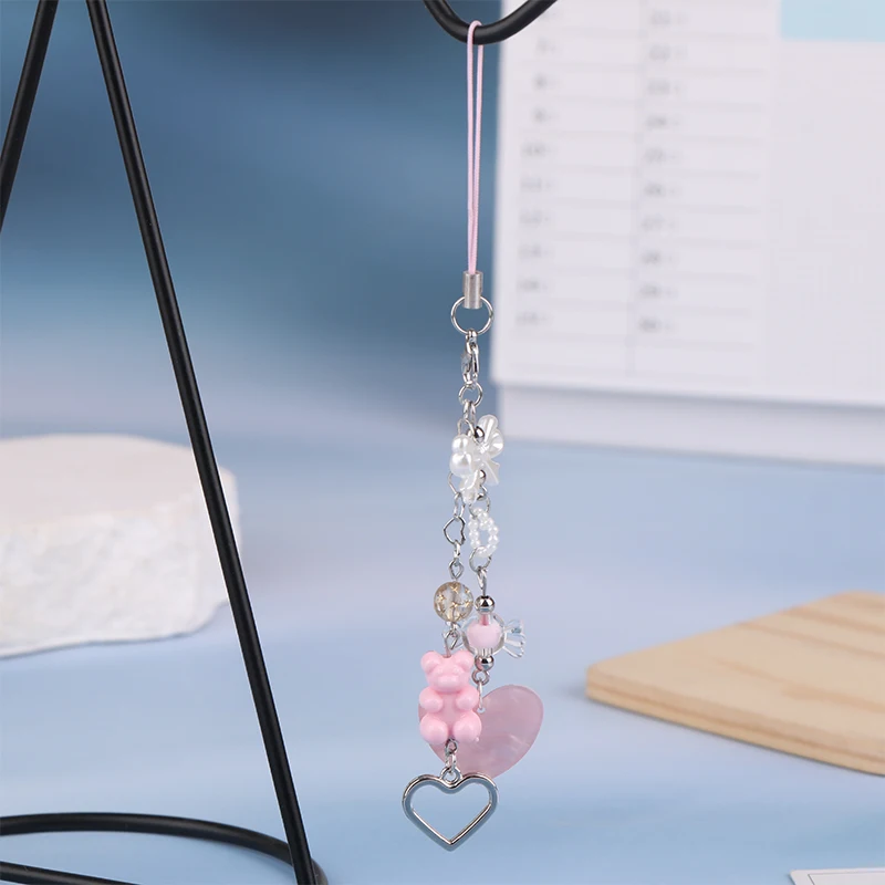 Y2K Little Bear Bow Heart Mobile Phone Lanyard Sweet Cute Pink Beaded Phone Straps Keychain For Girl Gifts