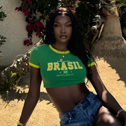Summer Women BRASIL Letter Print T-shirt Y2k Goth Style TShirt Casual Short Sleeve O-Neck Girl Slim Sexy Crop Top Green Pullover