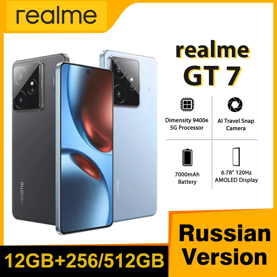 إصدار RU لهاتف الذكي Realme GT 7 5G، شرائح 9400e الأبعاد، بطارية 7000 مللي أمبير في الساعة، شحن 120 وات، شاشة 6.78 بوصة 1.5 كيلو AMOLED IP69
