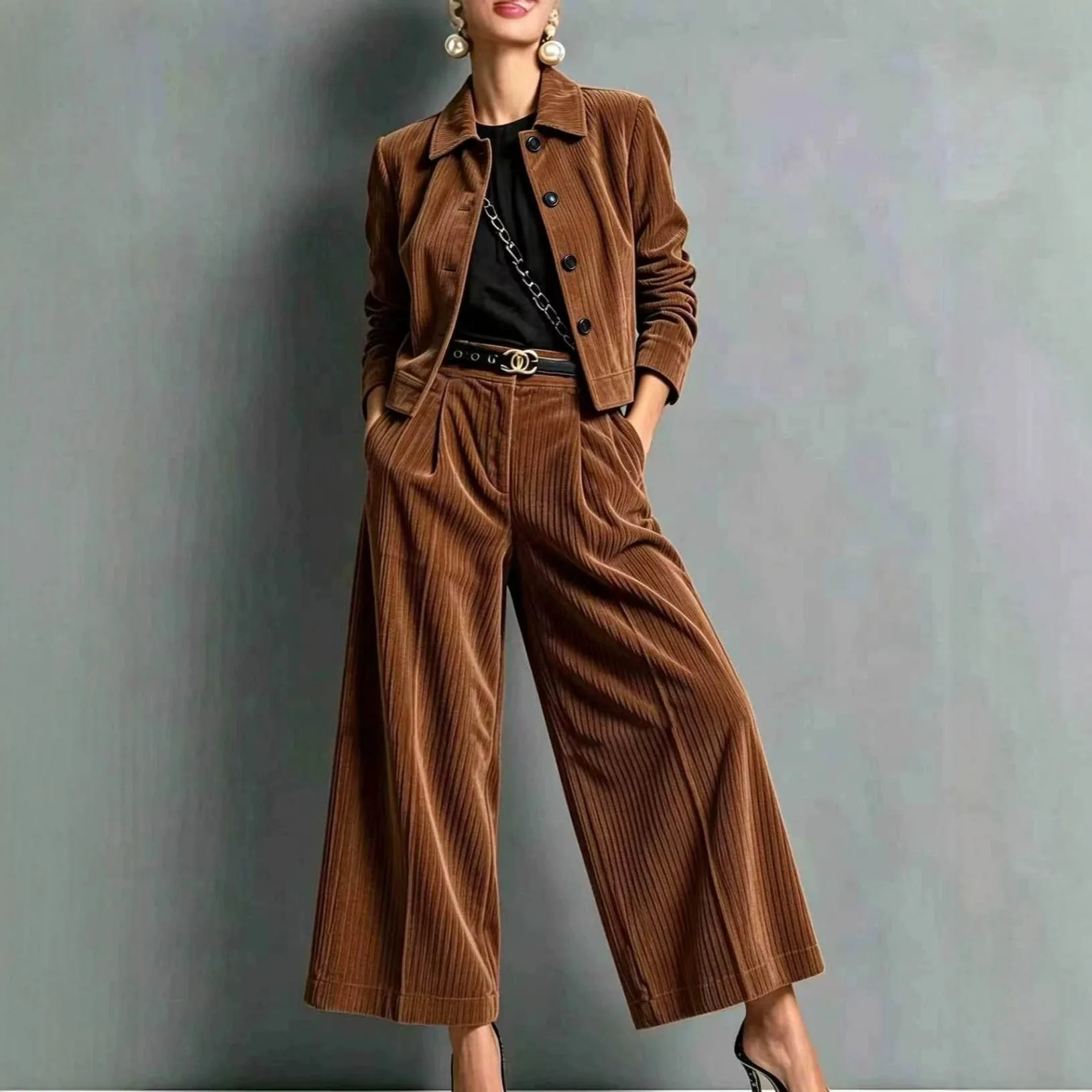 2026 New Style, Slim-fit Long-sleeved Short Jacket With A Stand-up Necklace Paired With High-waisted Wide-leg Pants. Clothes