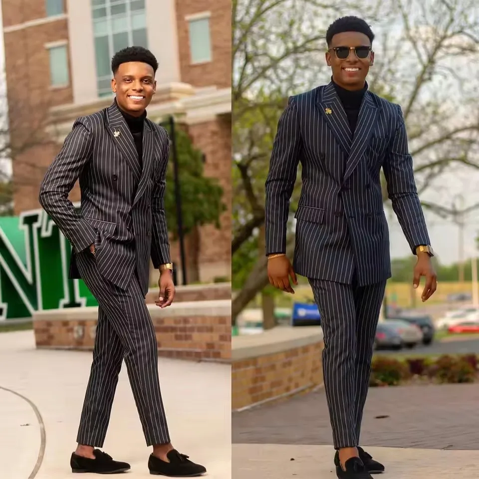 

Черные полосатые мужские костюмы из двух предметов, джентльменский двубортный пиджак с лацканами, формальный пиджак, брюки для свадебного костюма, смокинги для жениха