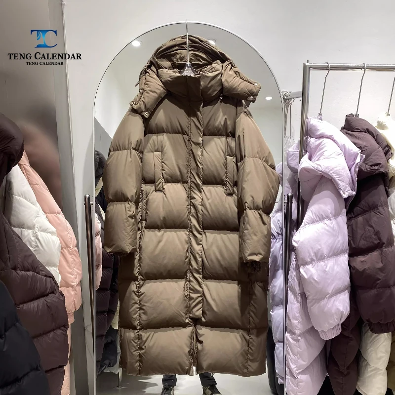 取り外し可能なフード付きダウンジャケット、膝丈まで伸びるゆったりとしたオーバーサイズコート、レディース2025年冬新作