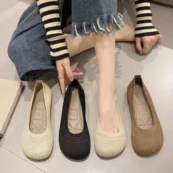 Summer Knit Ballet Flat Shoes  Women Soft Slip-on Square Toe Work Flats Women Walking Shoes Comfortable Casual Barefoot Loafer