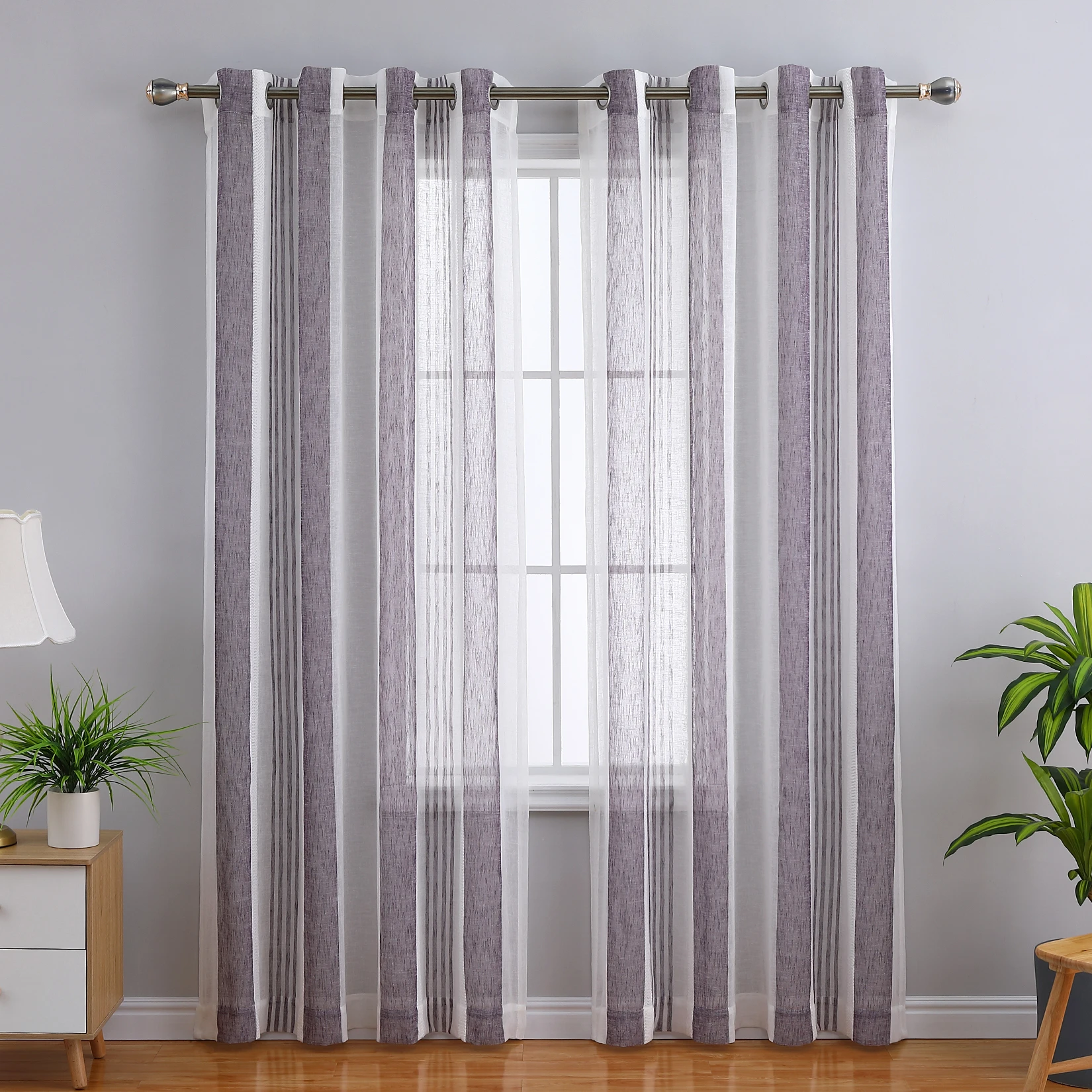 

Sheer Curtains 63 Inches Long for Living Room Bedroom, Bathroom Curtain Window Grommet Voile Drapes, Stripe Farmhouse Curtains F