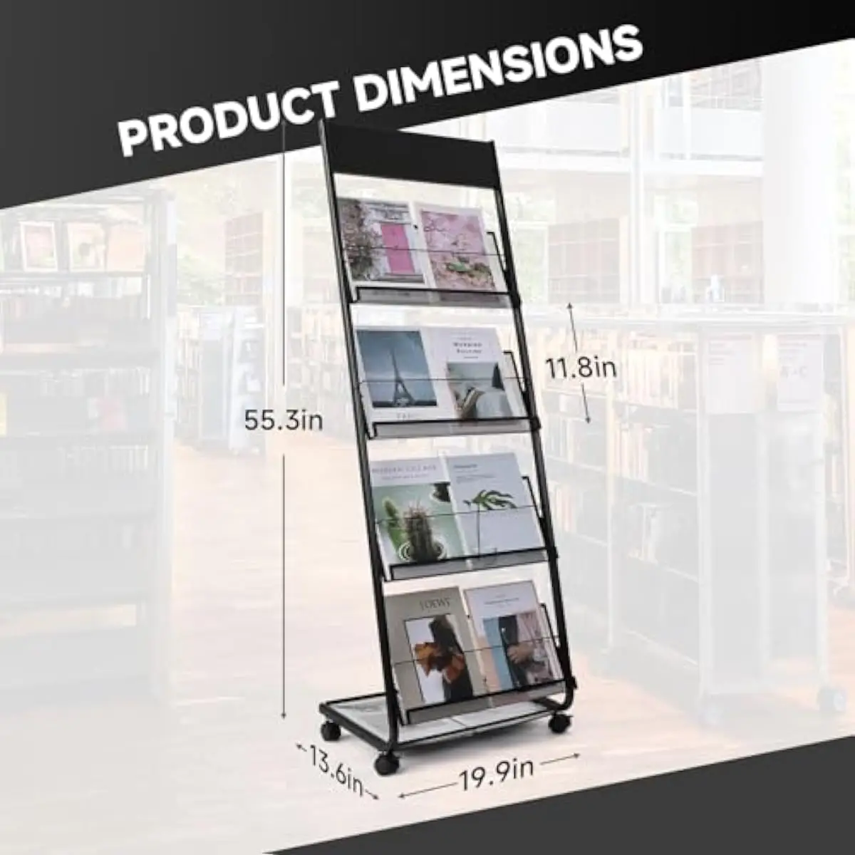 Floor Standing Brochure Holder with Four Tiered Shelves and Bottom Basket | Silent Casters Including Two Locking Brakes | Heavy