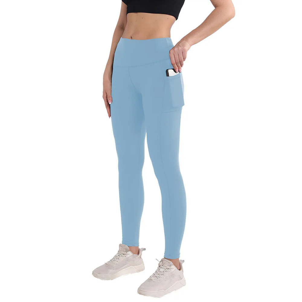 Calça feminina de ioga de cintura alta com bolsos, controle de barriga, leggings de treino, elástica, esportiva, fina, casual, outono