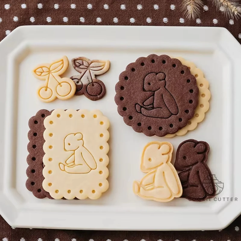 Scalloped Rectangle Round Sitting Bear Cookie Cutter & Stamp Cherry Shaped Biscuit Moulds DIY Fondant Cutting Mold Cake Supplies