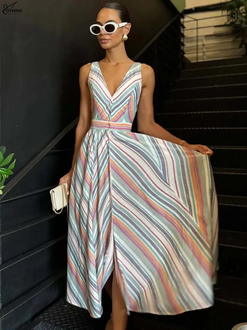 

Oymimi Elegant Grey Print Dresses 2025 Woman Fashion V-Neck Sleeveless Single Breasted Dresses Casual High Waist Loose Dress