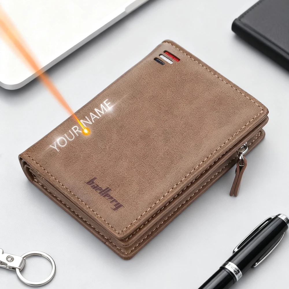 

Новые короткие мужские кошельки с гравировкой имени, держатель для карт, держатель для фотографий, мужские кошельки, карман для монет на молнии, мужские кошельки, зажимы для денег