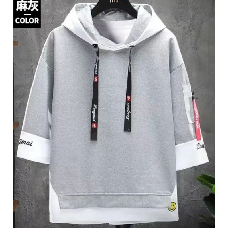 Men's Fake Two Hoodies 2024 Summer Ins Korean Style Trend Student Loose Casual T-shirt Cotton 3/4 Sleeve Youth Top D0034