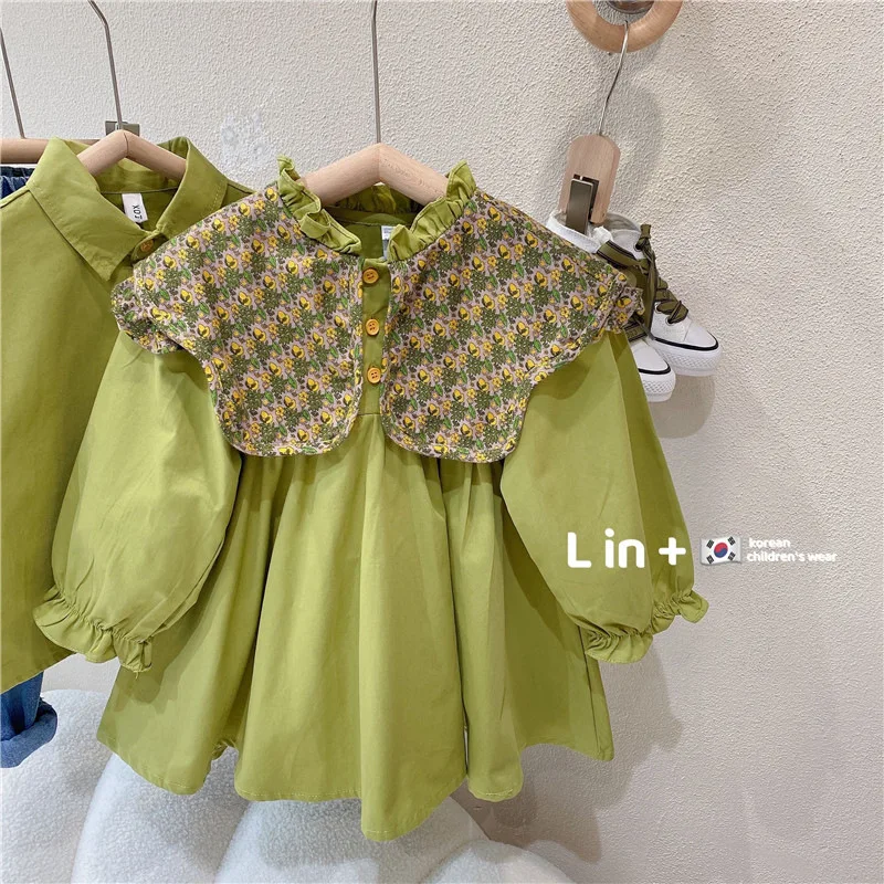

Girls' Floral Collar Dress Brother Sister Outfit New Children's Spring Autumn Boys' Green Long Sleeve Shirt