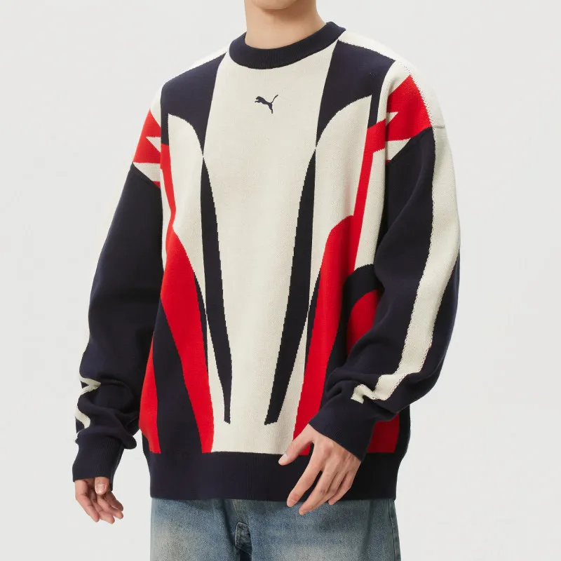 Puma Geometric Contrasting Color Crew Neck Knitted Sweater Men's and Women's Loose Sports Sweater Jumper 636881-16