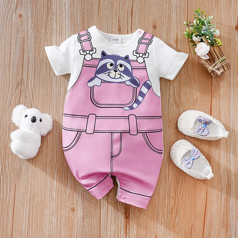 Baby Clothes Cute Cartoon Raccoon Strap Casual Comfortable Soft 0-18 Boys And Girls Summer Round Neck Short Sleeve Baby Jumpsuit