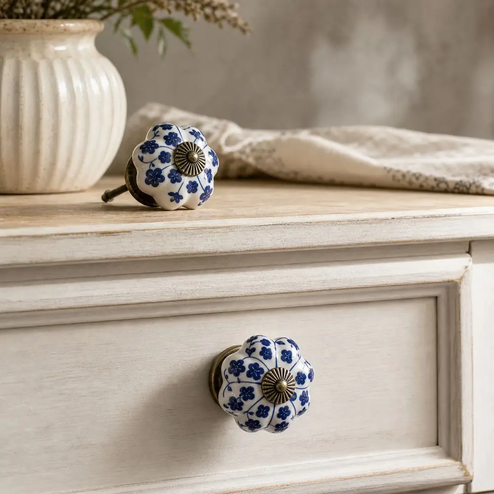 Gifts Ceramic Drawer Pulls Floral Pattern Pumpkin Shape Cabinet Door Knobs Vintage Style Furniture Knobs Dresser Drawer