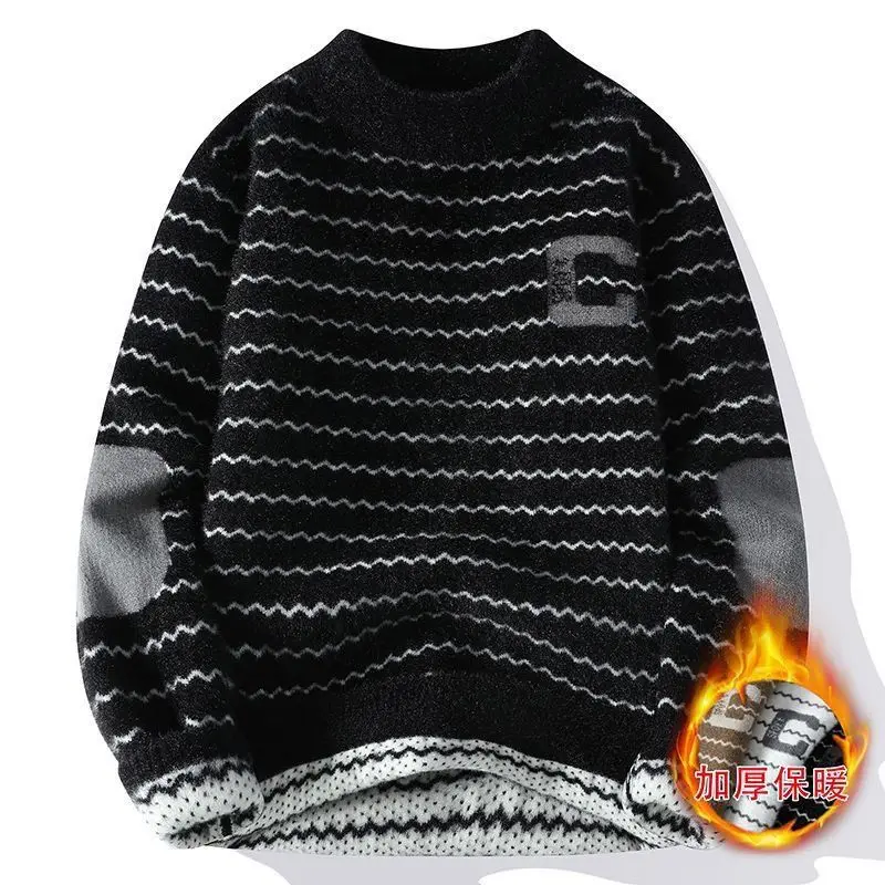 

Sweater for Men Classic Fleece Lined Thick Warm Stripes Thicken Warm Base Layer Pullover Half-high Collar Trendy Casual Sweater