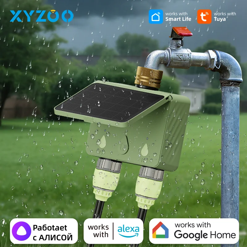 Tuya Smart Garden WLAN-Bewässerungstimer 2 Zonen Solarbetriebenes Automatisches Bewässerungssystem Sprinkler-Schlauch Tropfbewässerungswerkzeug