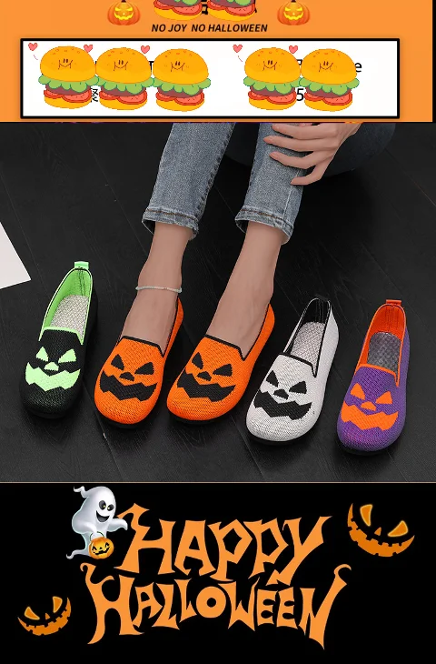 Damen-Halloween-Kürbisgesicht-Strickflachschuhe, atmungsaktive einteilige Slipper, leichte Freizeit-Party-Schuhe – Detail 3