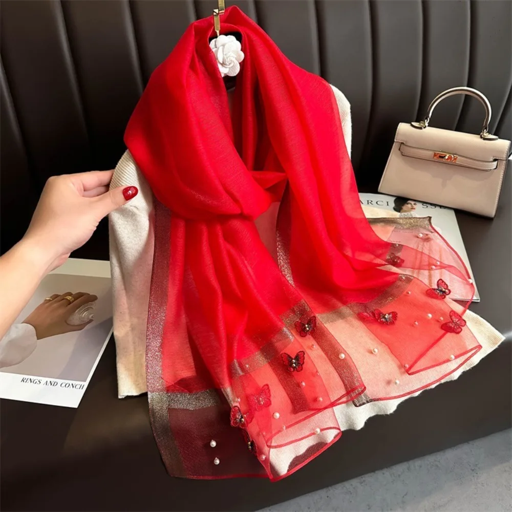 

Headkerchief Thin Silk Scarf Large Pearl Butterfly Embroidery Scarf Foulard Wraps Women Hijab Shawls Lady