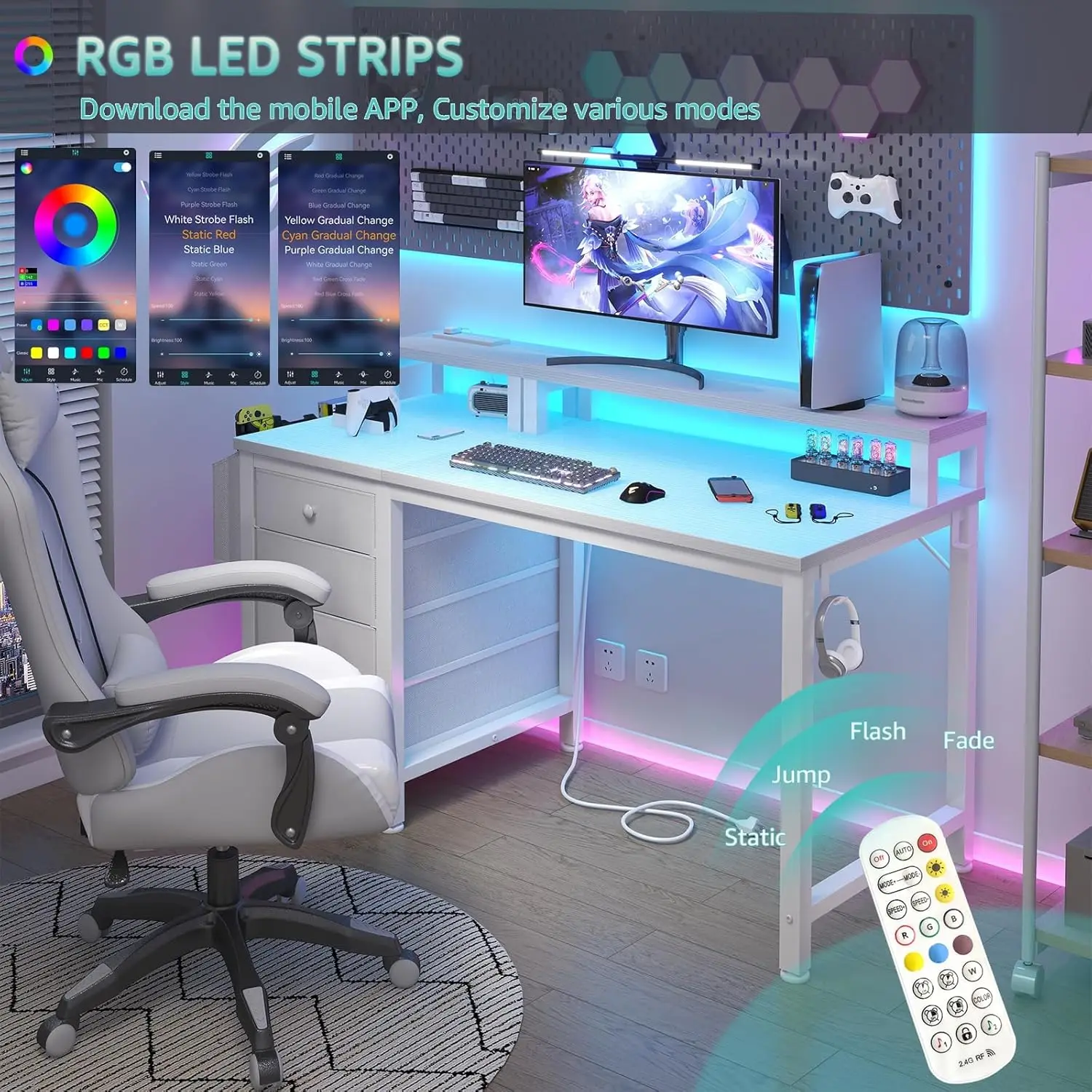 White Desk with 4 Drawers - 47 inch Gaming Desk with Monitor Stand, Reversible Computer Gaming Table  LED Lights Power Outlets