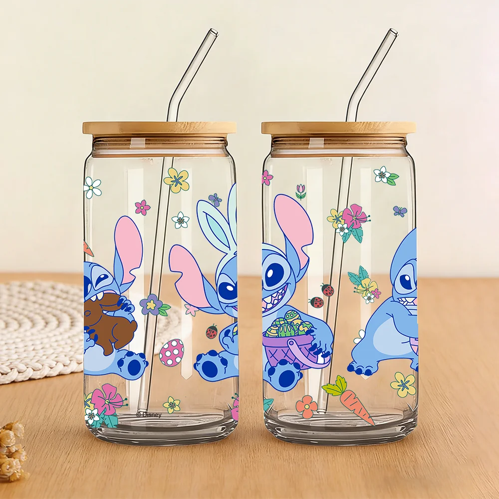 1pc 16oz Disney Stitch Easter Borosilicate Glass Tumbler with Lid & Straw Cute Summer Cup for Iced Coffee Juice Perfect Gift view 5