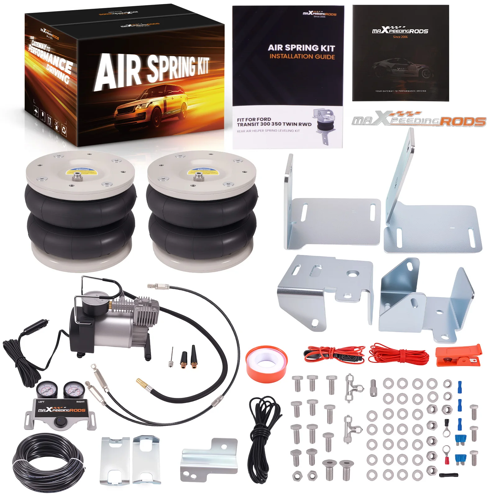 Air Suspension Kit W/ Dual Gauge for Ford Transit RWD Twin 2001+ Recovery Van Air Spring Bag Helper Kit