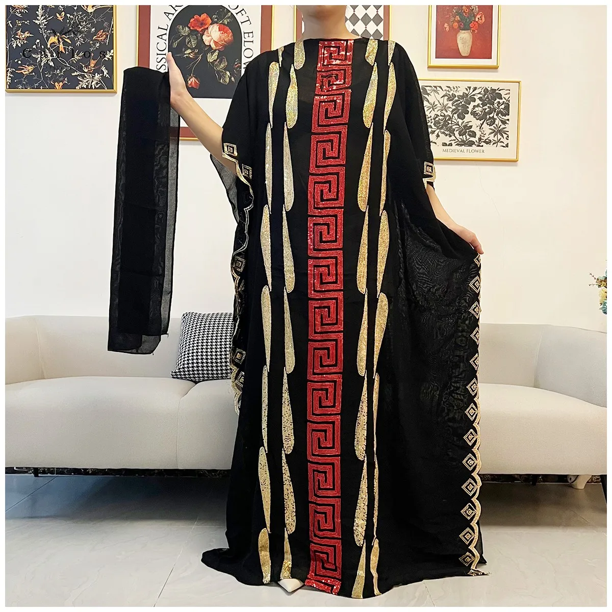 2024 New Women Muslim Sequin Embroidery Long Black Lady Clothes Fashion New Arrival African Embroidery Flower Dresse With Scarf