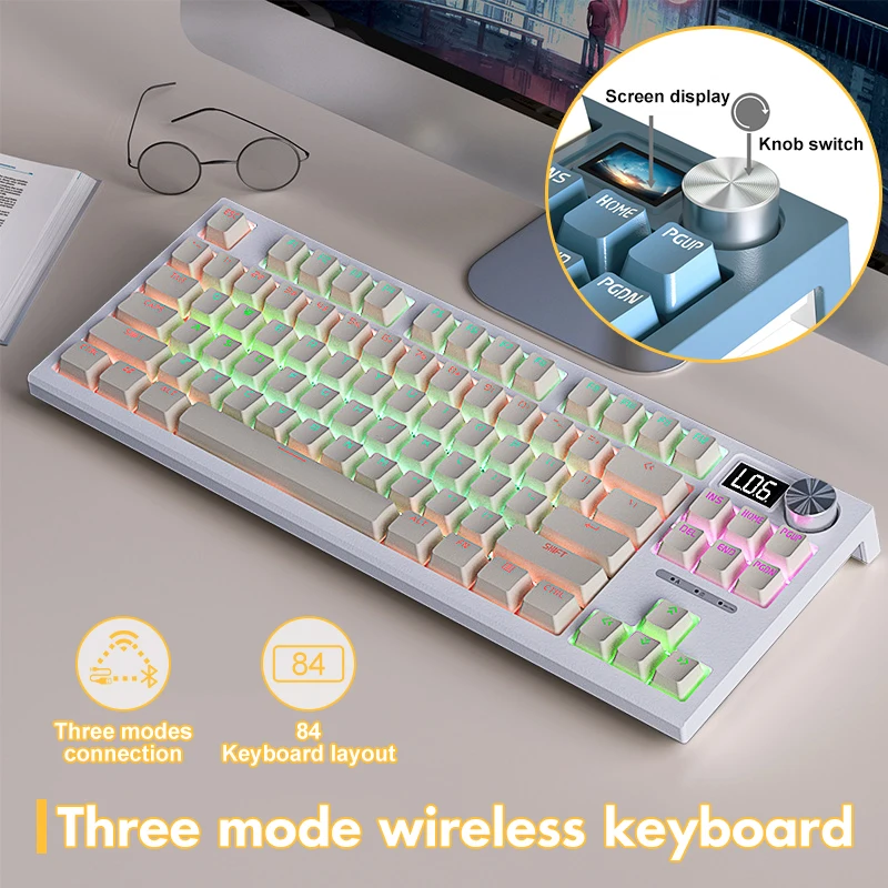 Wireless Mechanical Keyboard Gaming Wired Keyboard Bluetooth Three Modes Mini 84-Keys Keyboard For PC Laptop iPhone iPad Win/IOS