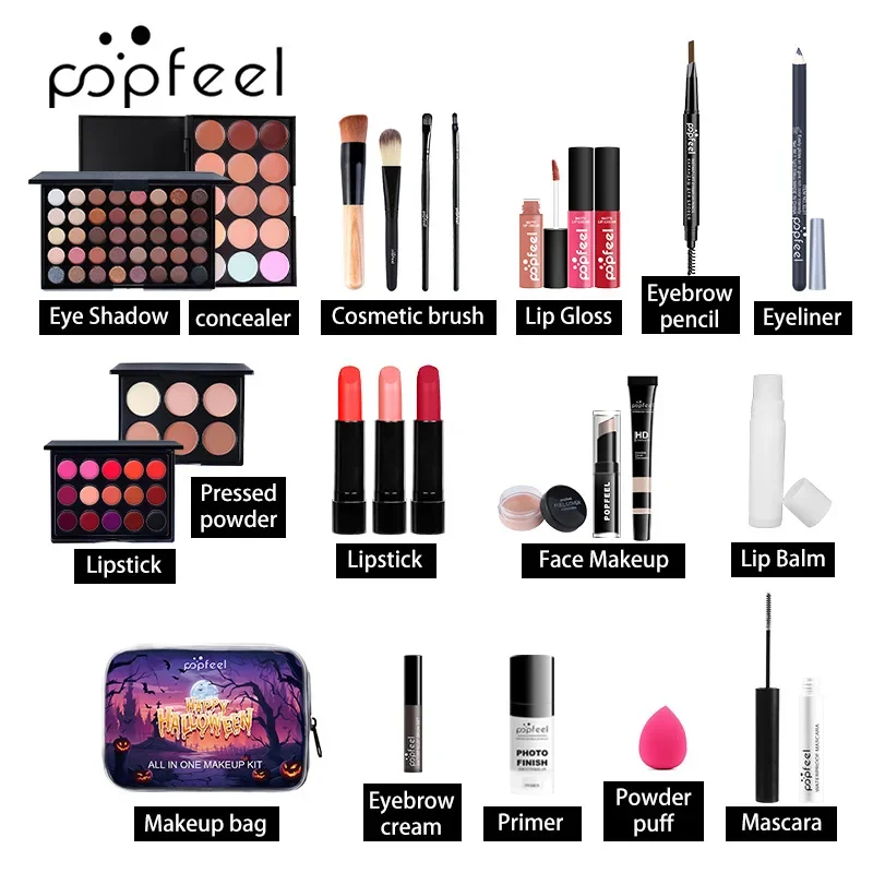 Best-Selling Popfeel Makeup Kit Full Set Eyeshadow Eyeliner Brow Powder Puff Concealer Blush Halloween Gifts for Women Cosmetics