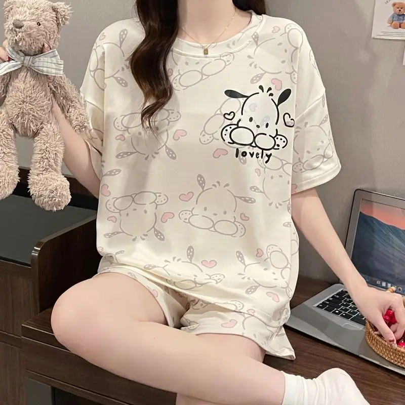 Sanrio Pajamas 2 Piece Pochacco Pijama Y2K Shorts Short Sleeve Sleepwear Summer Pyjama Kawaii Cartoon Nightwear Homewear Set New