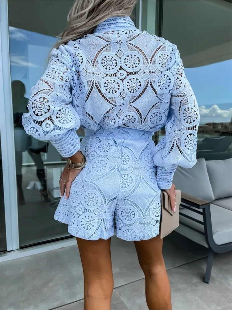 Vintage White Lace Shirt Shorts Sets Women Spring Summer Long Sleeve Button Top Shorts 2-częściowy zestaw Eleganckie stroje imprezowe Femme