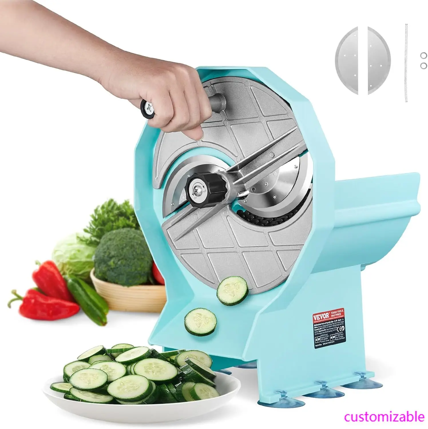 

Manual Vegetable Fruit Slicer, 0-0.5"/0-12mm Thickness Adjustable Commercial Slicer Machine, Double Feed Ports, Stainless Steel