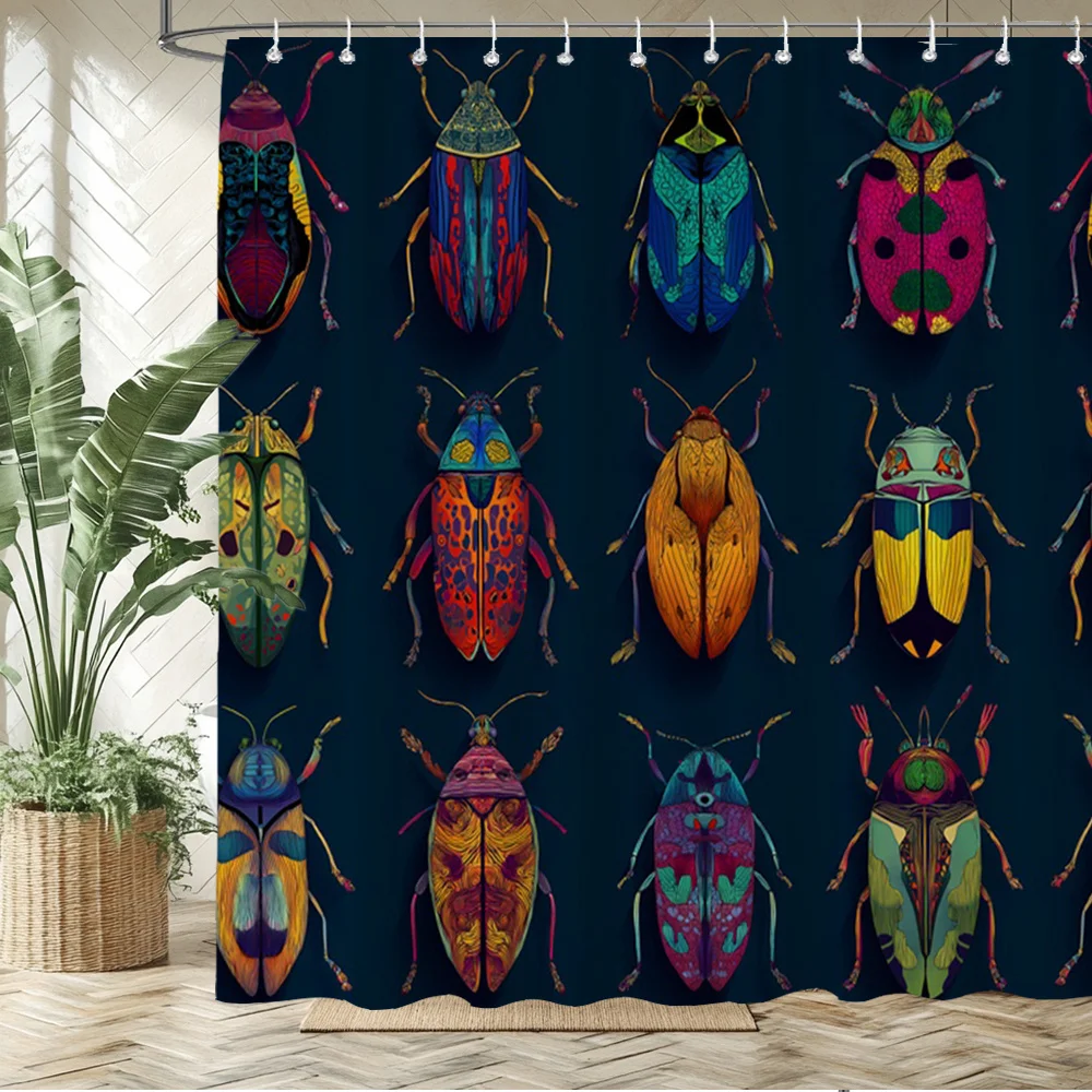 Vibrant Tropical Insect Pattern Shower Curtain - Exotic Bug Design for Bathroom Decor