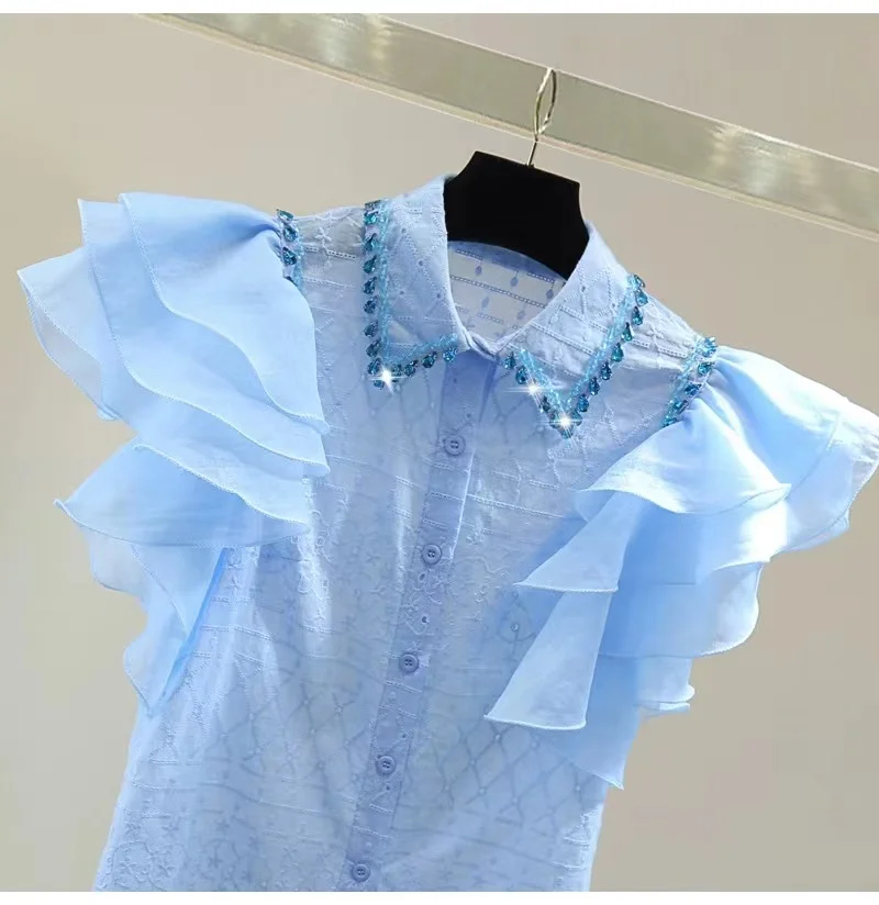 Luxury 2024 Summer Blue Shirt Ruffles Short Sleeve Diamonds Stitch Collar Shirts Blouses For Women Sweet Chic Tops Blusas