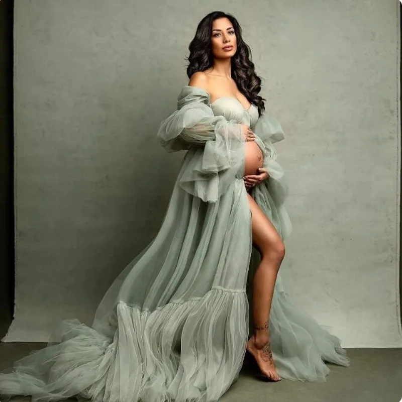 

Mint Long Maternity Dress Soft Tulle Elegant Women Gowns Pregnant for Photoshoot Maternity Dresses Full Sleeve Sweetheart Split