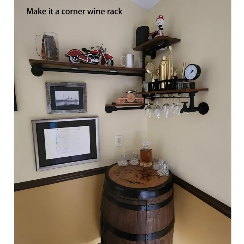 Pipe Shelves Wine Rack Wall Mounted with 4 Stem Glass Holder Rustic Floating Pipe Shelf, Living Room Kitchen Decor Display Rack