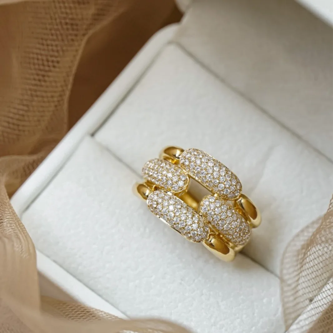 

925 Sterling Silver S925 18k Gold Plated Diamond Full Crystal Vintage Women Wedding Engagement Party Ring Jewelry