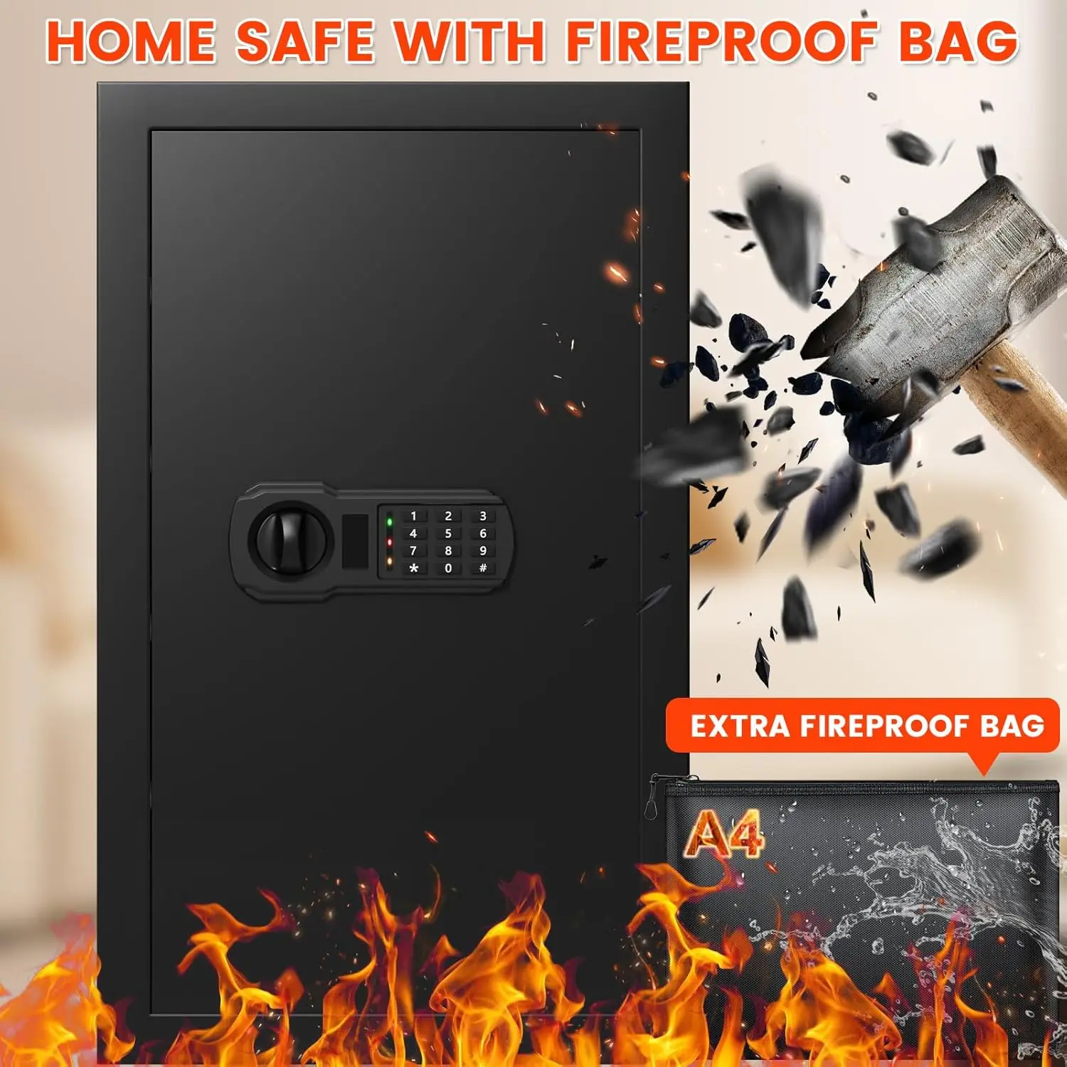 4.5 Cubic Large Fireproof Safe Box with Fireproof Document Bag, Personal Security Home Safe with 3 Removable Shelf, Anti-Theft L