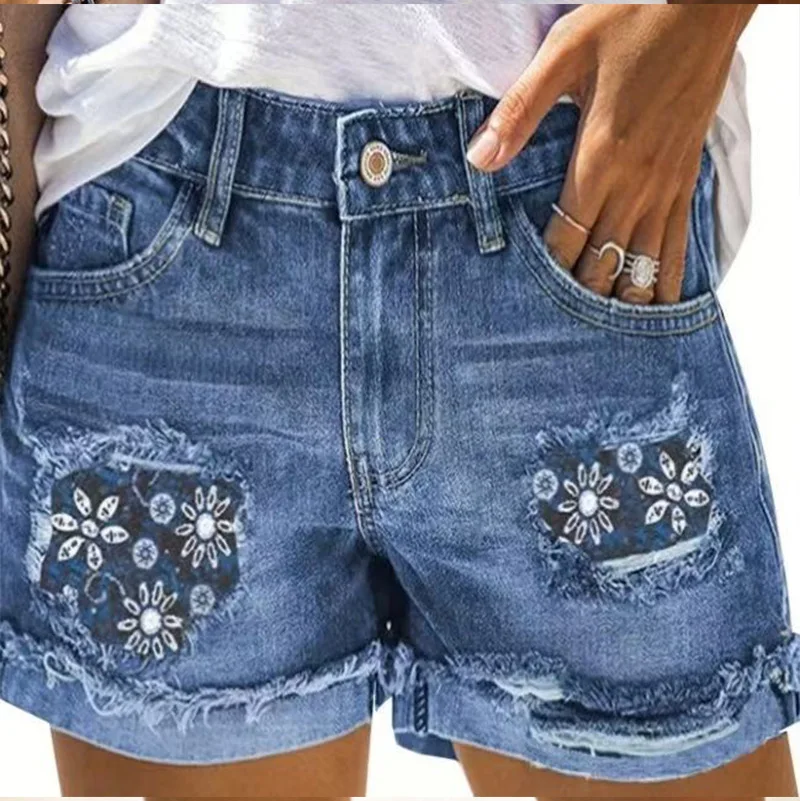 

Denim Shorts Women Straight Jeans Washed Distressed Mid Waist Print Short Pants Female Vintage Denims Streetwear 2026 Summer