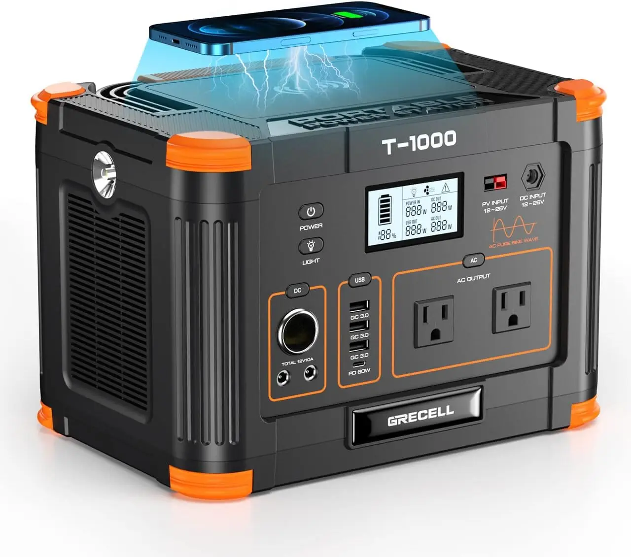 

Portable Power Station 1000W (Peak 2000W), GRECELL 999Wh Solar Generator with 60W USB-C PD Output, 110V Pure Sine Wave AC Outlet