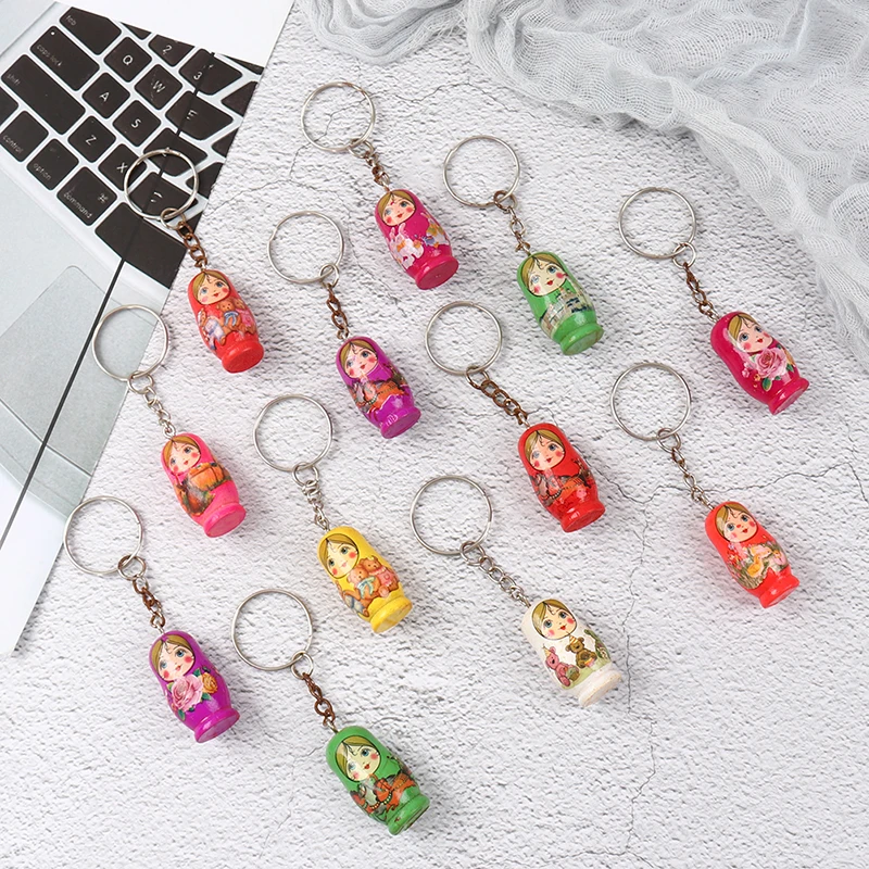 12pcs Matryoshka Russian Dolls Key Rings Drip Wood Keychains Decor Christmas Gift