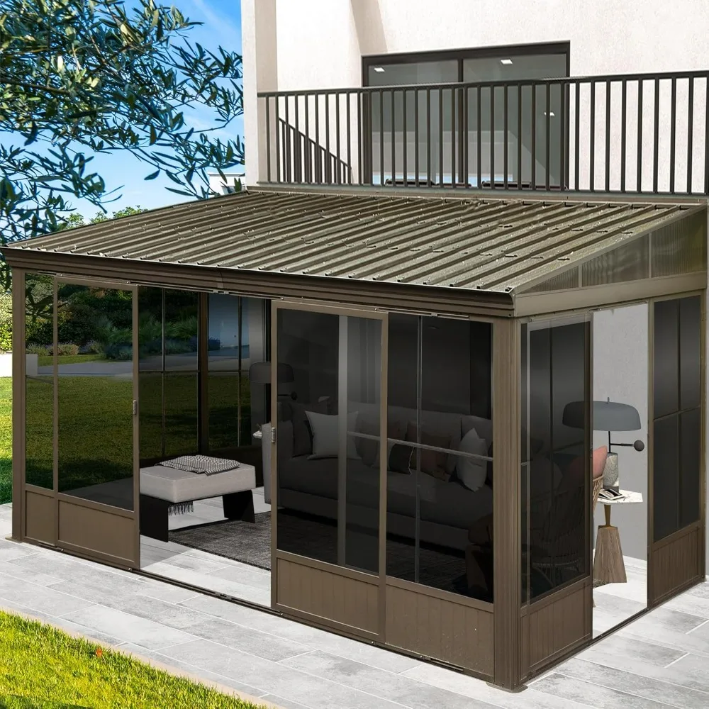 12x14FT Wall Mounted Sunroom, Front Door & Side Entrance, Galvanized Steel Sloping Roof&Moveable PVC Screen, Al -Season Solarium