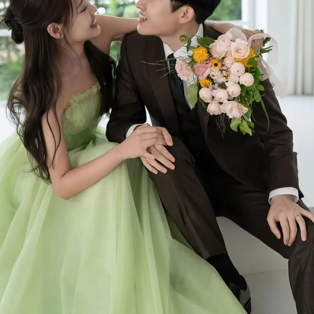

Giyu Fairy Fresh Green A-Line Evening Dress Tulle Customized Korea Photoshoot Plus Size Floor-Length Bridal Gown 2025 Prom Gown