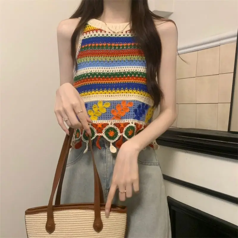 Women's Summer Rainbow Striped Hollow Hook Flower Short Knitted Camisole Vest Sleeveless Top Crop Tops Sweater Vest Cute Tops