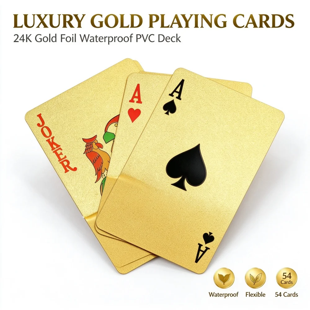 Golden Playing Cards Pvc Plastic Waterproof Washable Gold Foil Poker Texas Hold'Em Club Game Cards High-End Gold Foil Playing Cards Waterproof Plastic Cards Flexible and Bendable Adult Party Magic Poker Gift